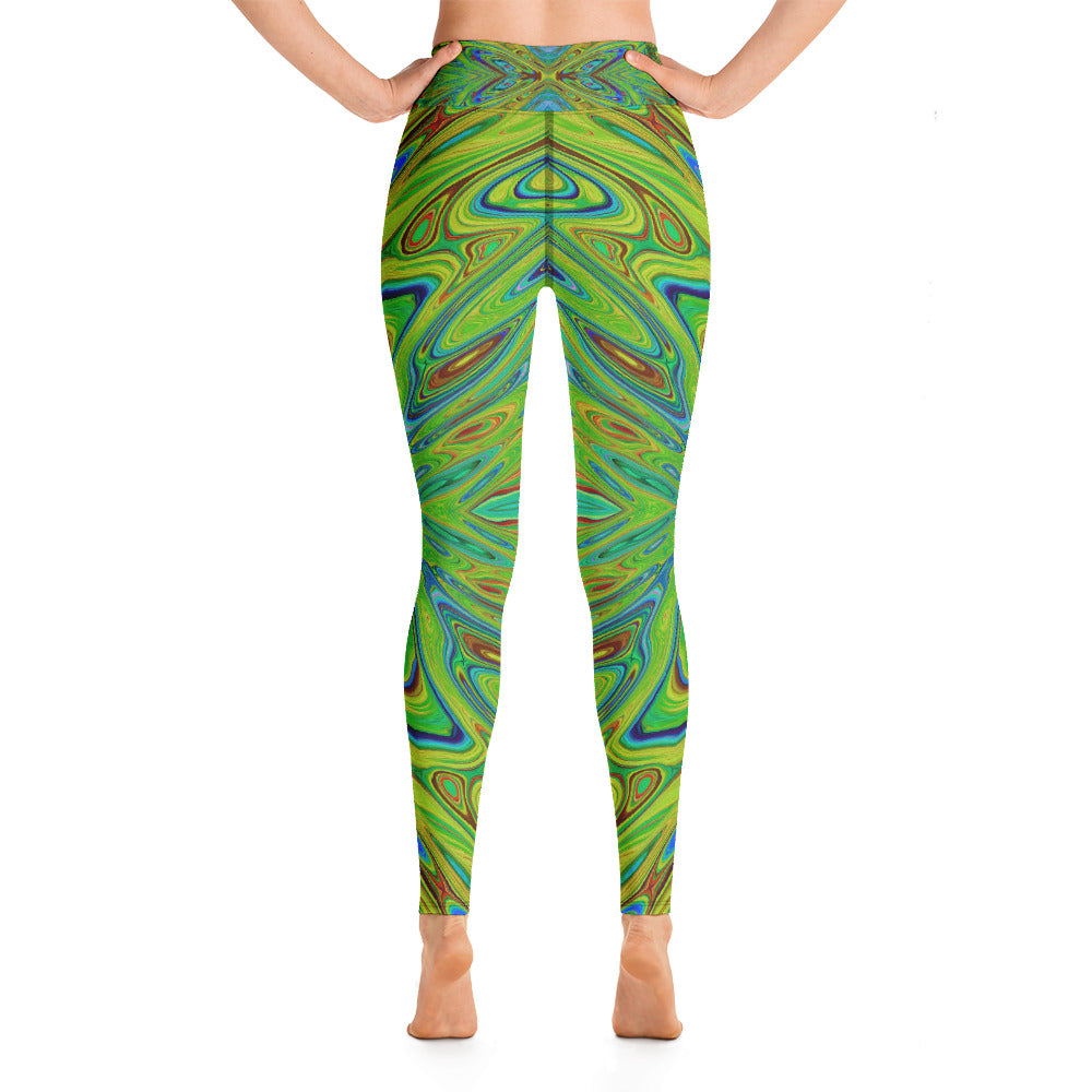 Yoga Leggings for Women, Trippy Chartreuse and Blue Abstract Butterfly