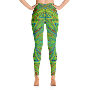 Yoga Leggings for Women, Trippy Chartreuse and Blue Abstract Butterfly