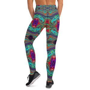 Yoga Leggings for Women, Wavy Sea Foam Green and Red Trippy Pattern