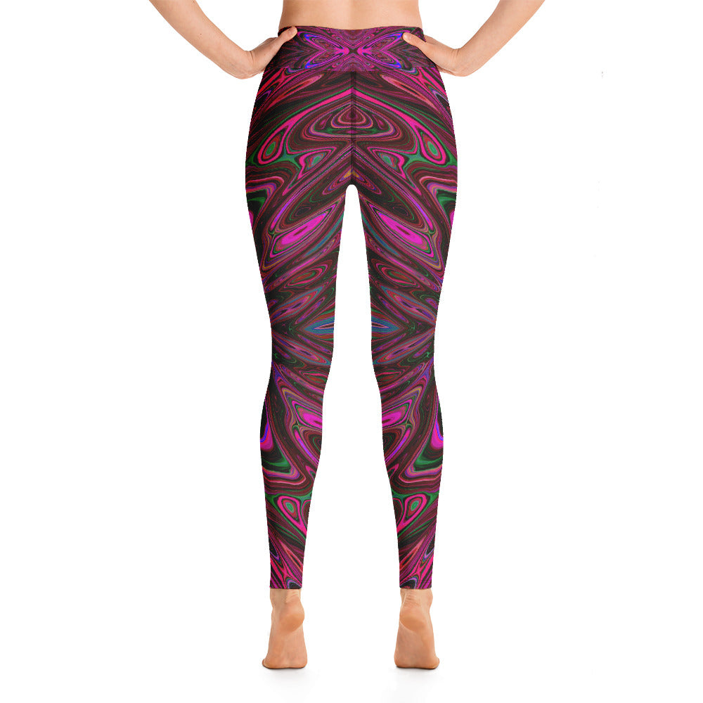 Yoga Leggings for Women, Trippy Hot Pink, Red and Blue Abstract Butterfly