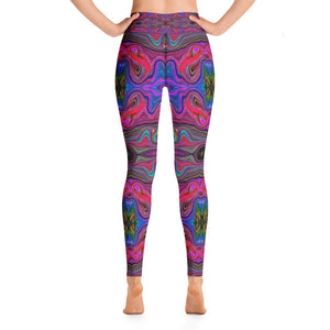 Yoga Leggings for Women, Wavy Blue and Rainbow Red Trippy Pattern