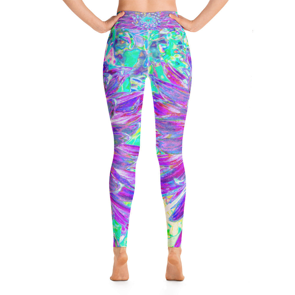 Yoga Leggings for Women, Purple and Robin's Egg Blue Decorative Dahlia