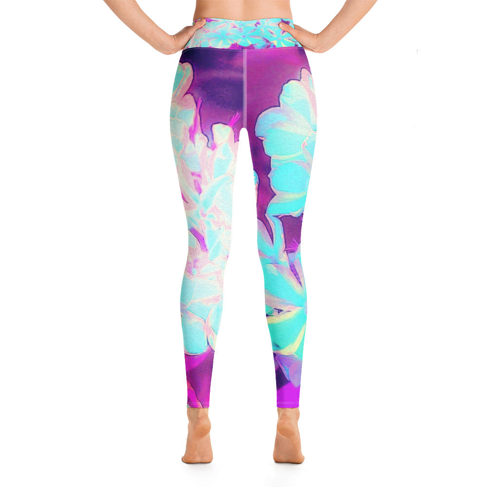 Yoga Leggings for Women, Robin's Egg Blue Peppermint Twist Phlox Flowers