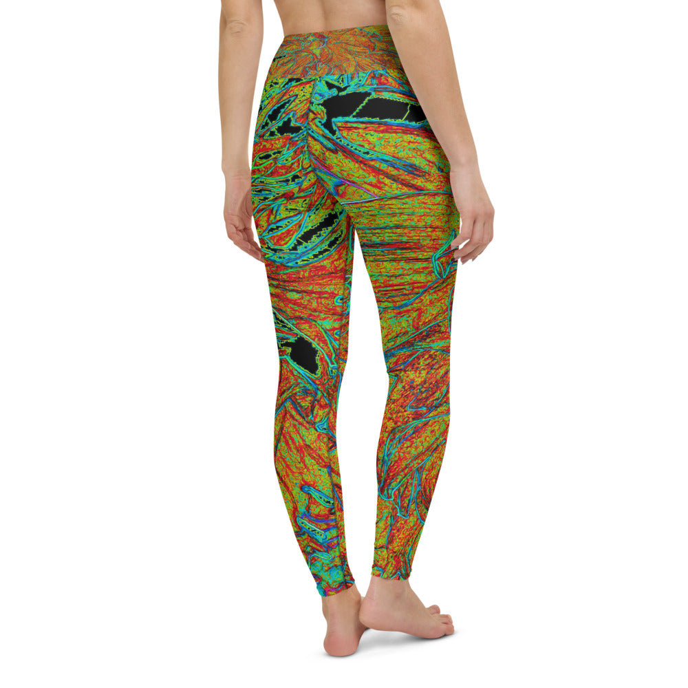 Yoga Leggings for Women, Abstract Burnt Orange and Green Dahlia Bloom