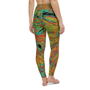 Yoga Leggings for Women, Abstract Burnt Orange and Green Dahlia Bloom