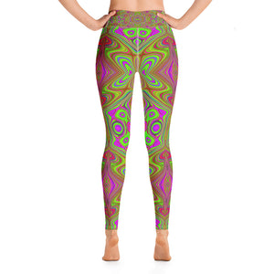 Yoga Leggings for Women, Trippy Retro Chartreuse Magenta Abstract Pattern