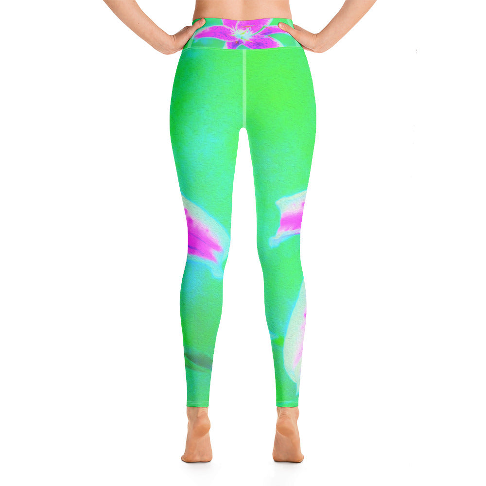 Yoga Leggings for Women, Hot Pink Stargazer Lily on Turquoise and Green
