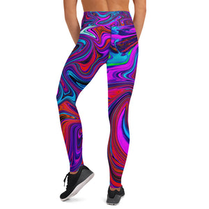 Yoga Leggings for Women, Marbled Magenta, Blue and Red Abstract Art