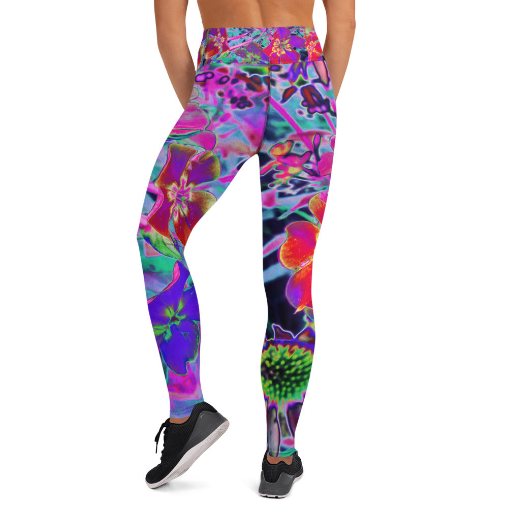 Yoga Leggings for Women, Dramatic Psychedelic Colorful Red and Purple Flowers