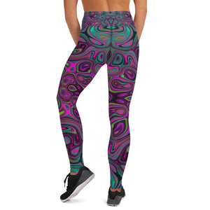 Yoga Leggings for Women, Abstract Magenta and Teal Blue Groovy Retro Pattern