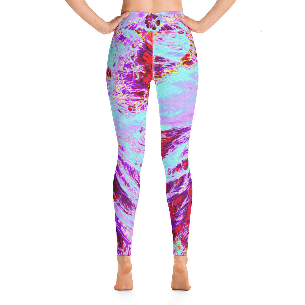 Yoga Leggings for Women, Abstract Tropical Aqua and Purple Hibiscus Flower