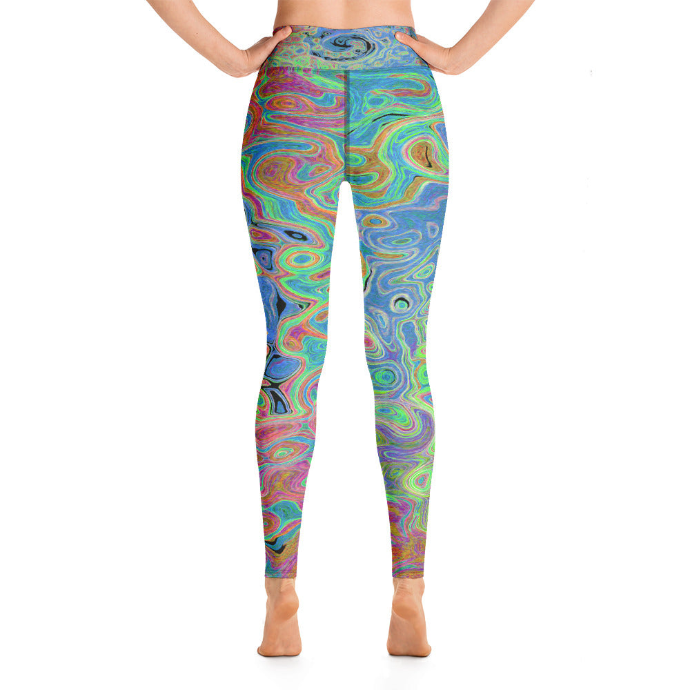 Yoga Leggings for Women, Watercolor Blue Groovy Abstract Retro Liquid Swirl