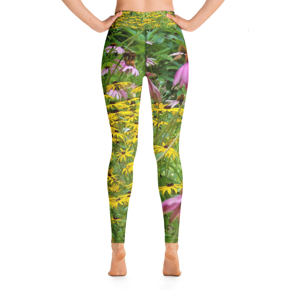 Yoga Leggings for Women, Yellow and Purple Flowers in the Garden