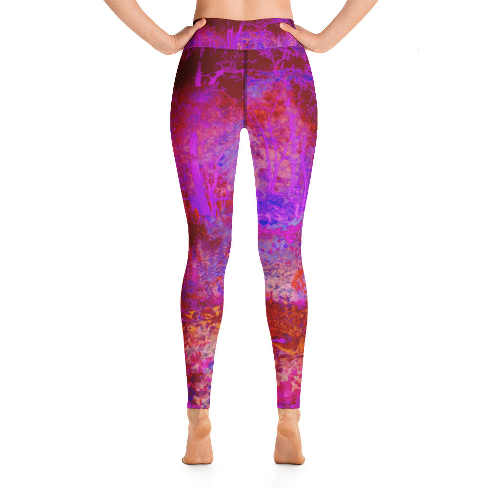 Yoga Leggings for Women, Trippy Red and Magenta Impressionistic Landscape
