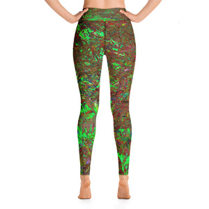 Yoga Leggings, Abstract Crimson Red and Green Foliage Garden