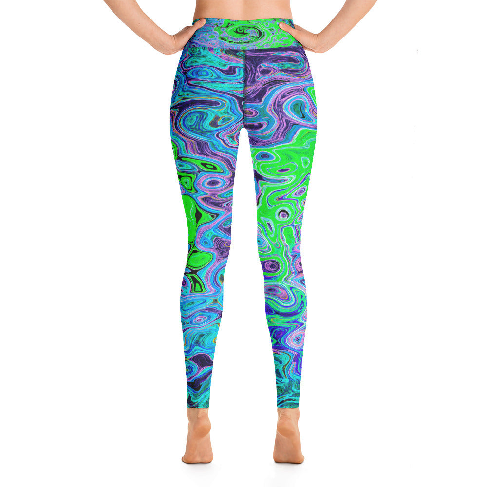 Yoga Leggings, Lime Green Groovy Abstract Retro Liquid Swirl