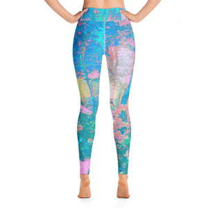 Yoga Leggings, Trippy Aqua Sunrise with Psychedelic Garden Flowers