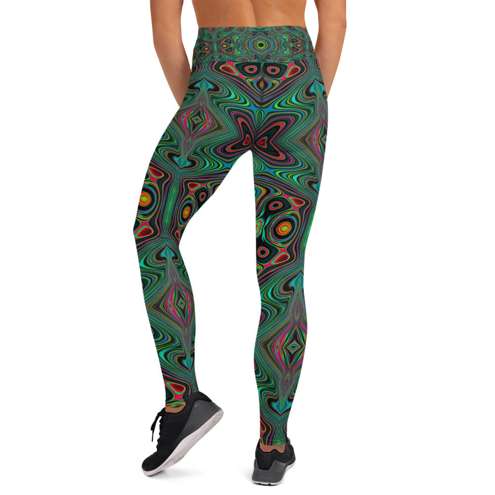 Yoga Leggings, Trippy Retro Black and Lime Green Abstract Pattern