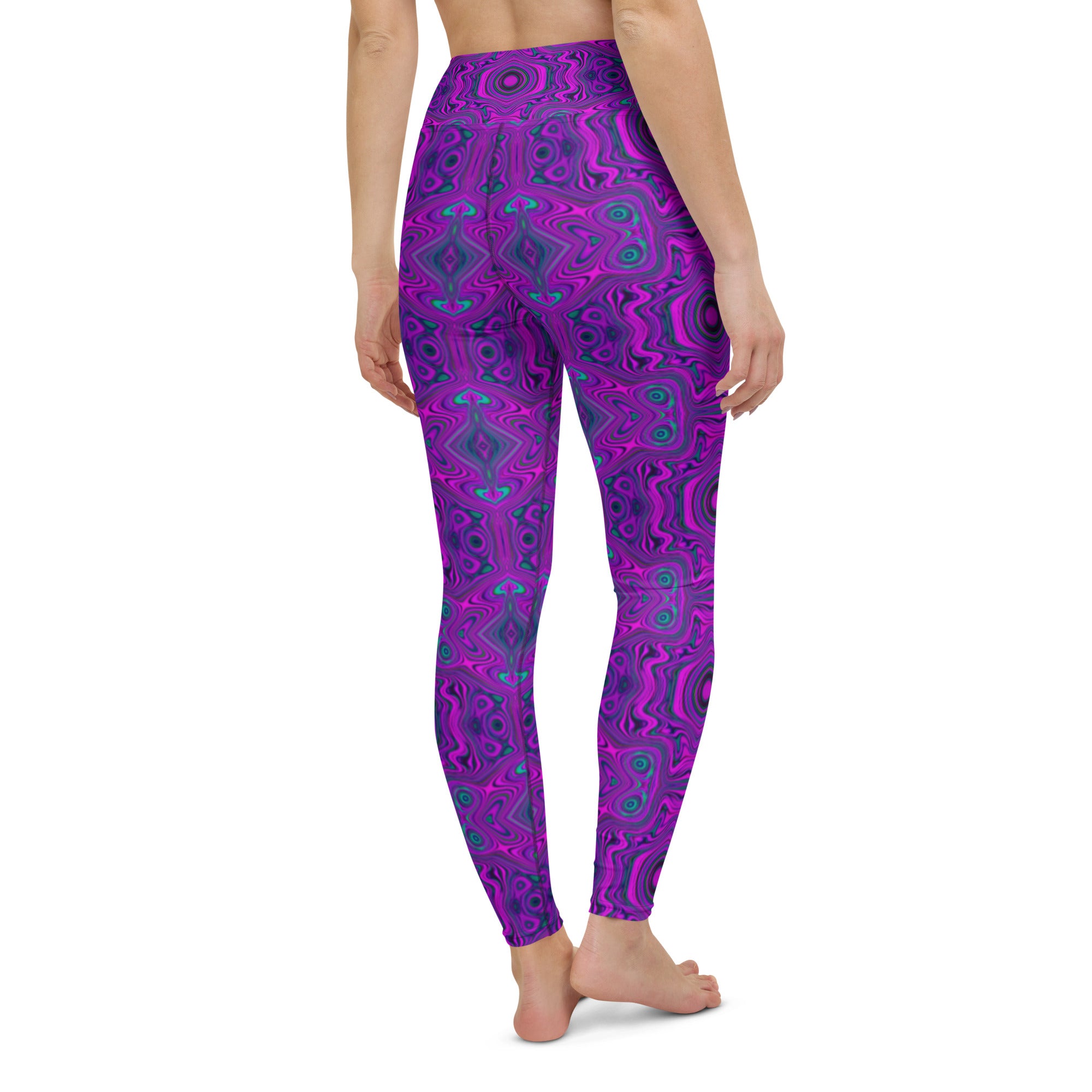 Yoga Leggings, Trippy Retro Magenta and Black Abstract Pattern