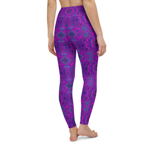 Yoga Leggings, Trippy Retro Magenta and Black Abstract Pattern