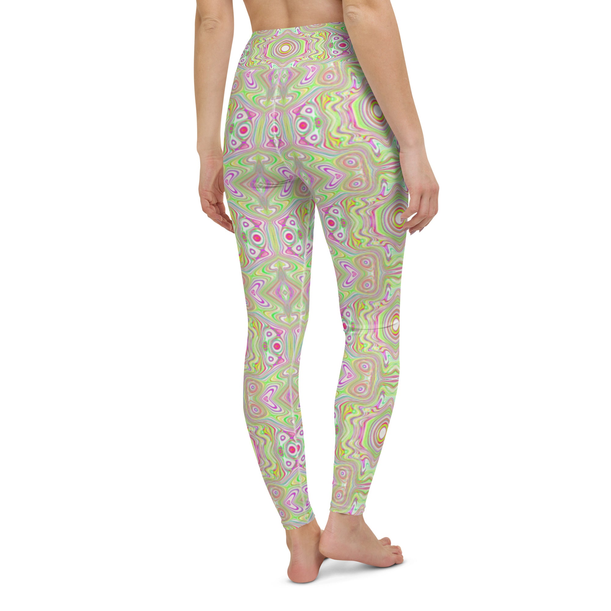 Yoga Leggings, Trippy Retro Pink and Lime Green Abstract Pattern