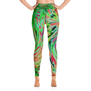 Yoga Leggings, Cool Abstract Lime Green and Black Floral Swirl
