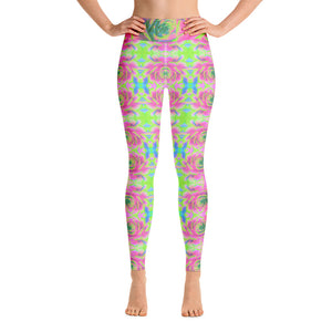 Yoga Leggings for Women, Sedum Rosette Pattern in Lime Green and Pink