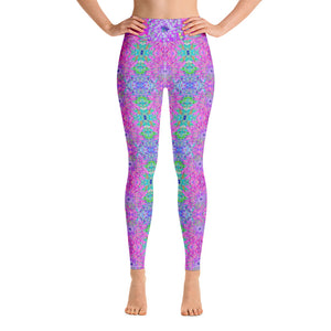 Yoga Leggings for Women, Abstract Dahlia Bloom Pattern in Purple and Pink