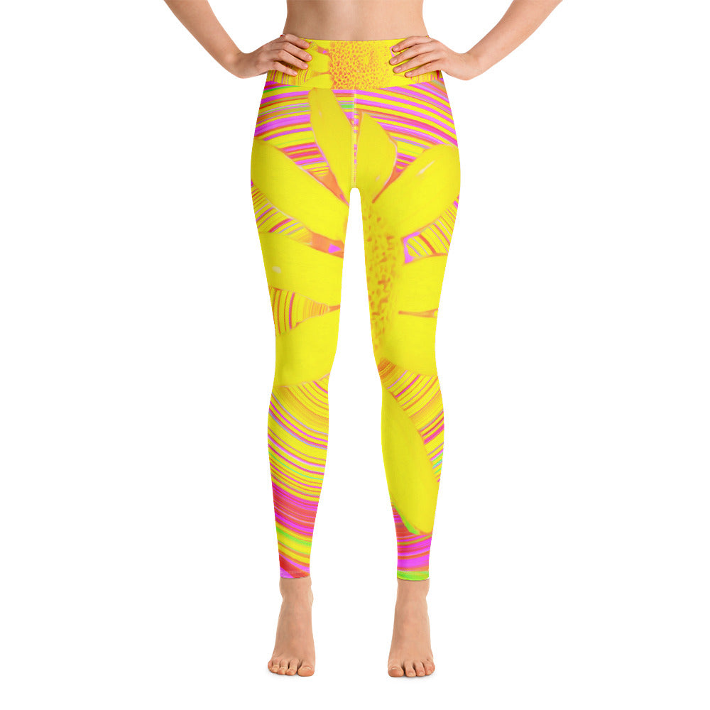Yoga Leggings for Women, Yellow Sunflower on a Psychedelic Swirl