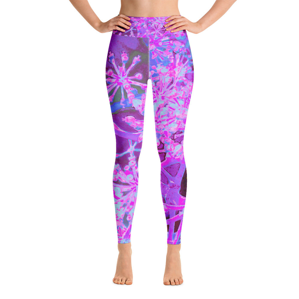 Yoga Leggings for Women, Cool Abstract Retro Nature in Hot Pink and Purple