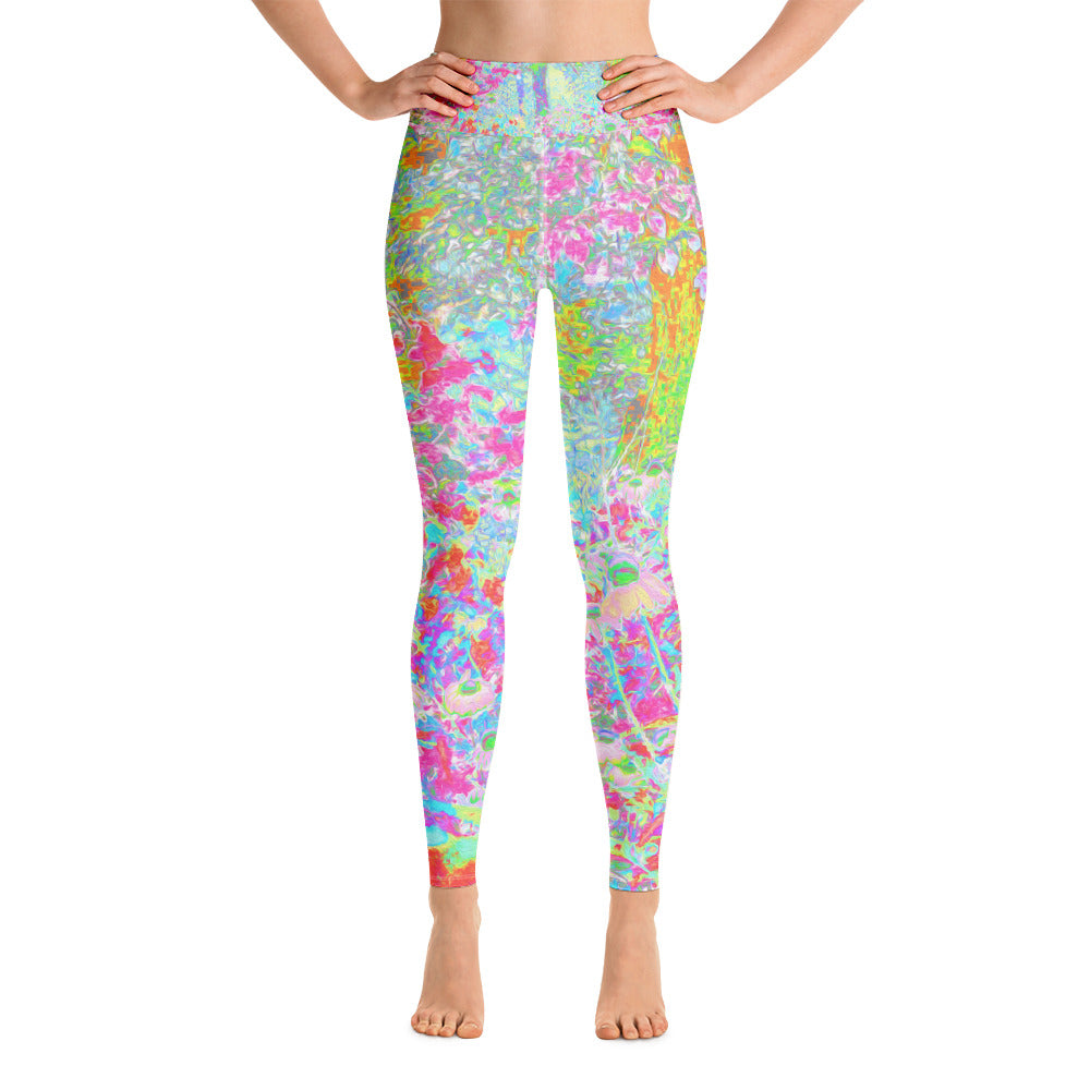 Yoga Leggings for Women, Aqua and Hot Pink Sunrise in My Rubio Garden