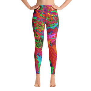 Yoga Leggings for Women, Psychedelic Groovy Red and Green Wildflowers