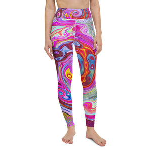 Yoga Leggings for Women, Groovy Abstract Retro Hot Pink and Blue Swirl