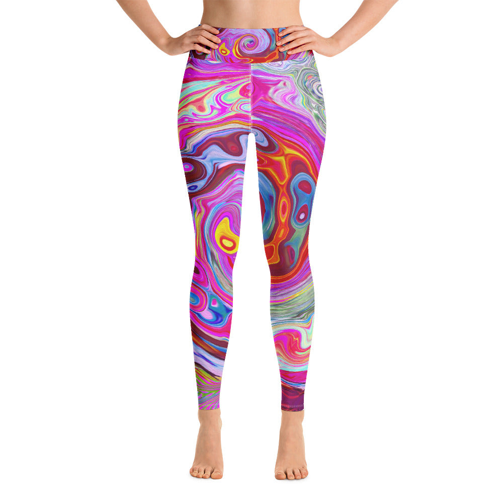 Yoga Leggings for Women, Groovy Abstract Retro Hot Pink and Blue Swirl