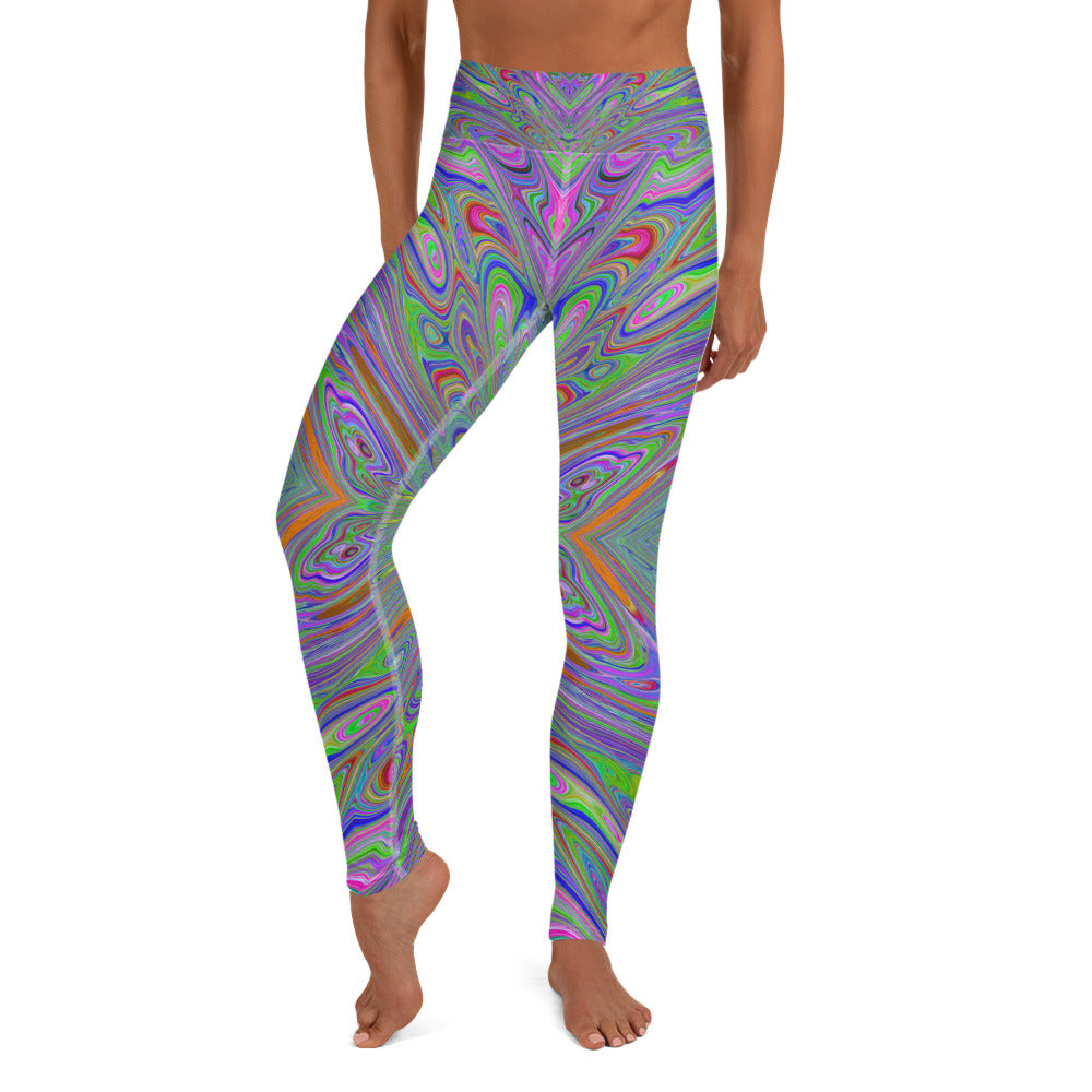 Yoga Leggings for Women, Abstract Trippy Purple, Orange and Lime Green Butterfly