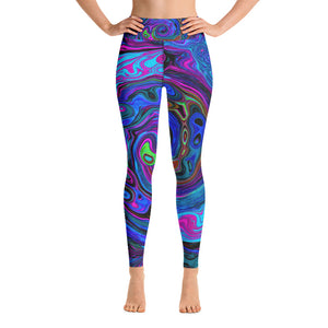 Yoga Leggings for Women, Groovy Abstract Retro Blue and Purple Swirl