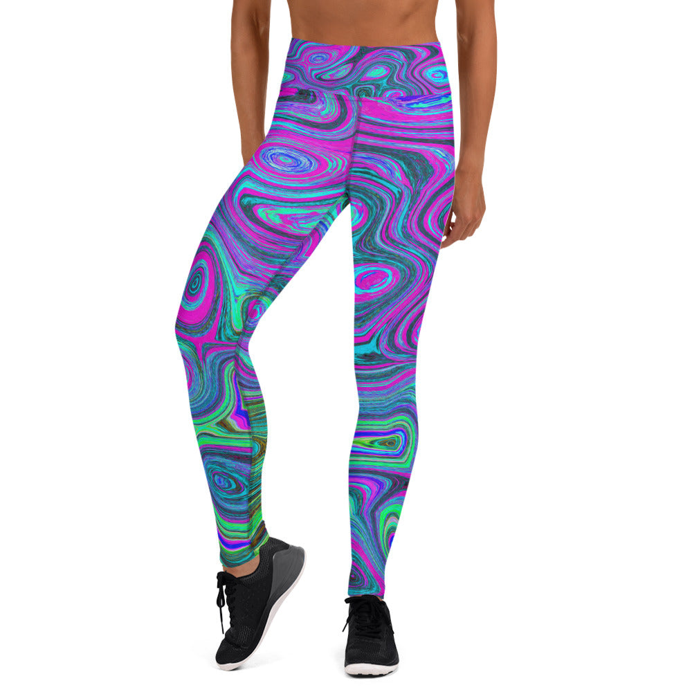 Yoga Leggings for Women, Marbled Magenta and Lime Green Groovy Abstract Art