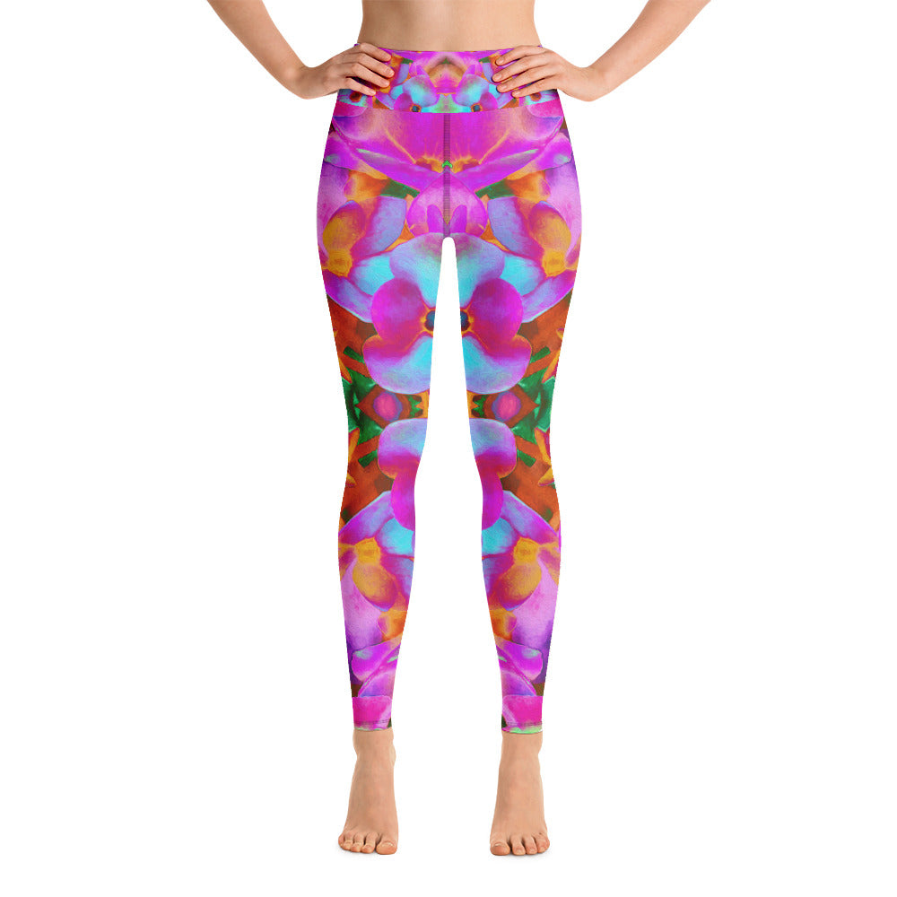 Yoga Leggings for Women, Hydrangea Flower Petals in Aqua, Magenta and Orange