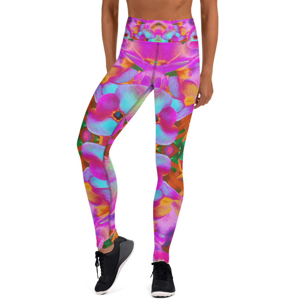 Yoga Leggings for Women, Hydrangea Flower Petals in Aqua, Magenta and Orange