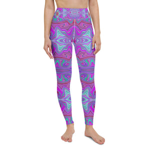 Yoga Leggings for Women, Wavy Magenta and Green Trippy Marbled Pattern