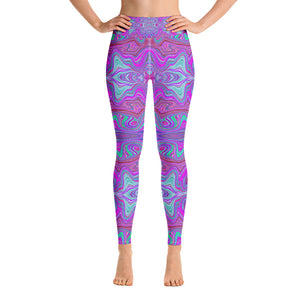 Yoga Leggings for Women, Wavy Magenta and Green Trippy Marbled Pattern