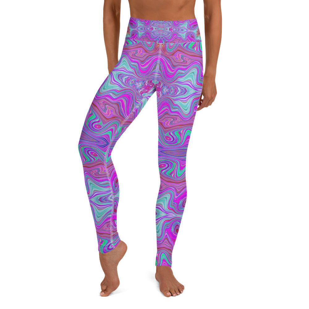 Yoga Leggings for Women, Wavy Magenta and Green Trippy Marbled Pattern