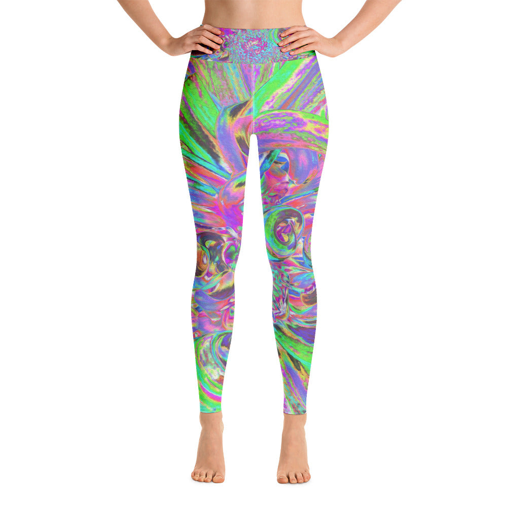 Yoga Leggings for Women, Festive Colorful Psychedelic Dahlia Flower Petals