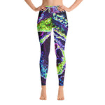 Yoga Leggings for Women, Graphic Black White Blue and Green Rose Detail