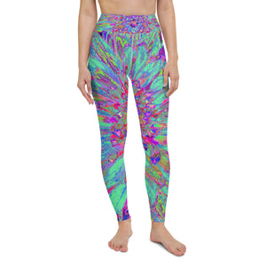 Colorful Yoga Leggings, Aquamarine Rainbow Color Abstract Dahlia Flower