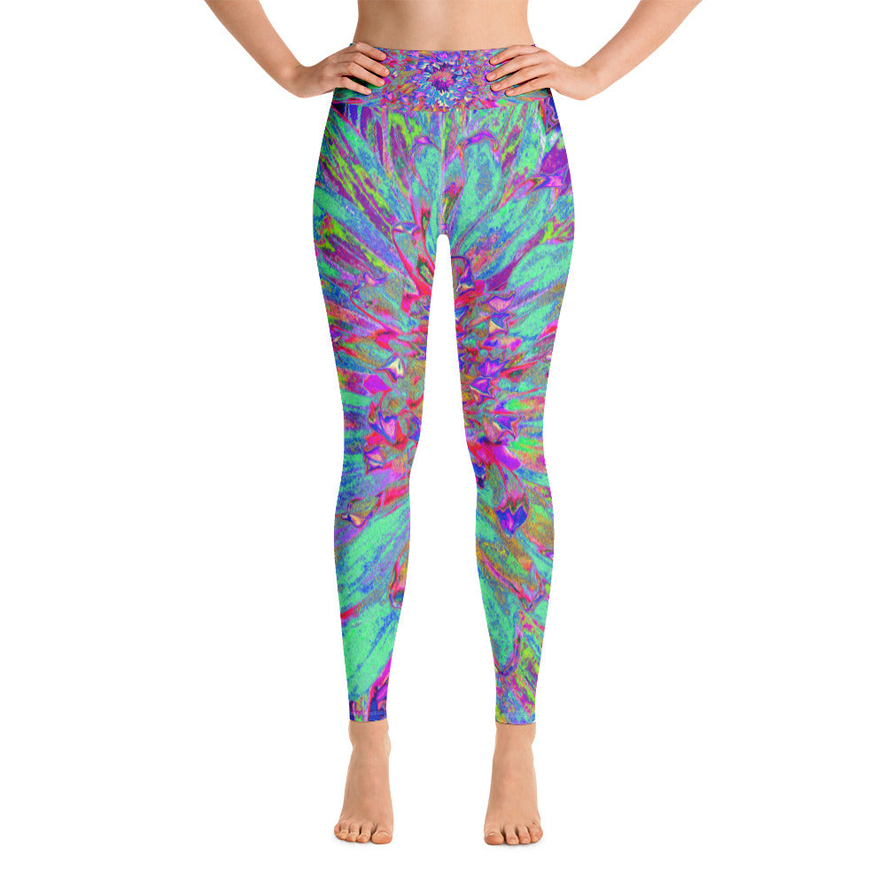 Colorful Yoga Leggings, Aquamarine Rainbow Color Abstract Dahlia Flower