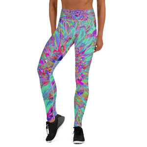 Colorful Yoga Leggings, Aquamarine Rainbow Color Abstract Dahlia Flower