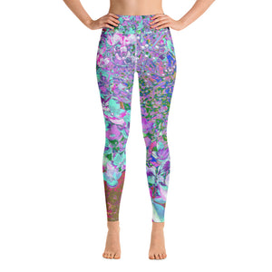 Yoga Leggings for Women, Elegant Aqua and Purple Limelight Hydrangea Detail