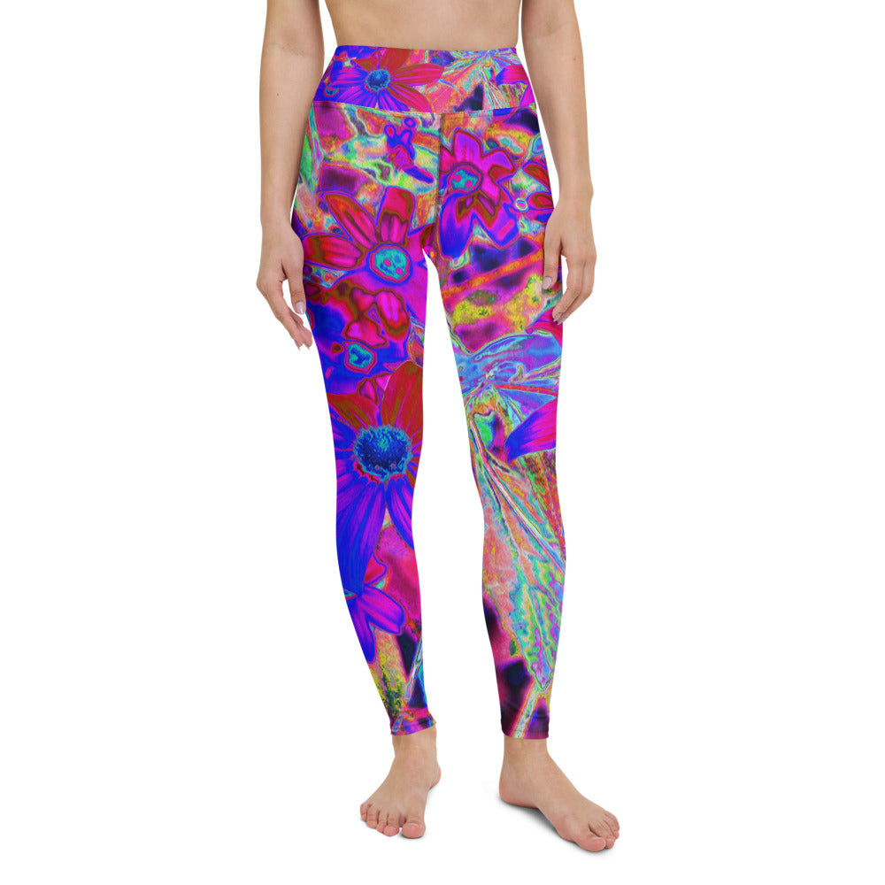 Floral Yoga Leggings for Women, Psychedelic Retro Crimson and Magenta Wildflowers