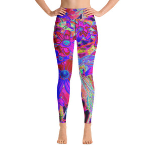 Floral Yoga Leggings for Women, Psychedelic Retro Crimson and Magenta Wildflowers